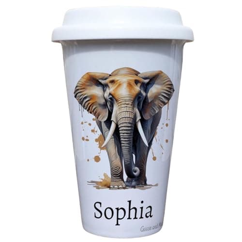 Personalised Elephant Travel Mug, Gift for Safari Lover, Thank you present for Zoo Animal Lover, Hot Drinks Flask, Insulated Coffee Cup