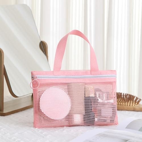 Mesh Bag - Portable Carry Bag for Toiletries, Travel Shower Bag for Shampoo, Sun Protection, Make-Up, Fitness, Travel, Camping, Students and Rooms, pink, Siehe Beschreibung, See description — view 6