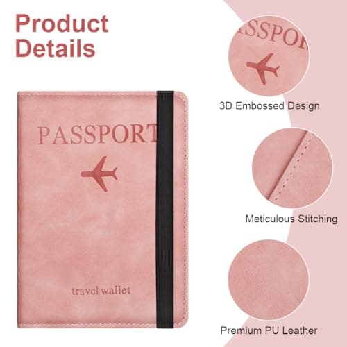 AOOSU Passport Holder Cover, PU Leather Passport Cover with RFID Blocking Travel Wallet, Portable Universal Travel Wallet Case Organiser for Money, Boarding Passes, Credit Cards Pink — view 4