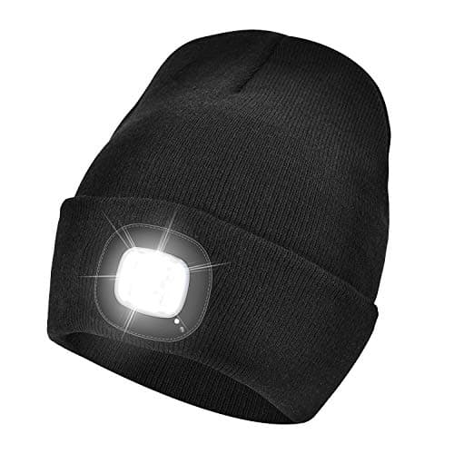 Unisex LED Lighted Beanie, USB Rechargeable Headlamp Hat, Cap with Light Hands Free Head Torch, Winter Warm Gifts for Men and Women Black
