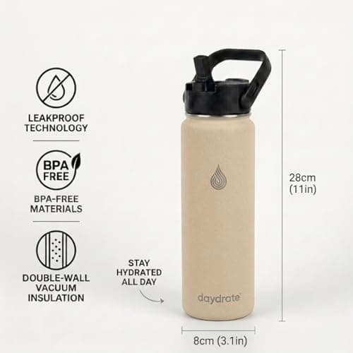 Insulated Metal Water Bottle with Straw 750ml- Stainless Steel Water Bottle, BPA Free, Lid Straw & Spout, Leakproof, 24 Hours Cold & Hot, Work, Travel, Gym Bottle for Men & Women - Sandstone -Daydrate — view 4
