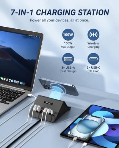 7-in-1 USB C Charging Station with 2×45W PD Ports, 15W Wireless Charger, 6-Port Desktop Charging Hub for MacBook, iPhone, iPad, Samsung, Laptop and More — view 2