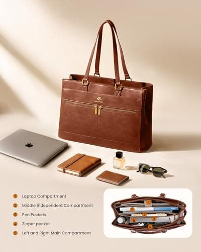 LOVEVOOK Laptop Handbags for Women, 17.3 Inch Large Tote Bag Ladies Work Bags with Compartments, Vintage-Style Leather Laptop Bags Womens Handbag Shoulder Bag for School Office Business, Brown — view 4