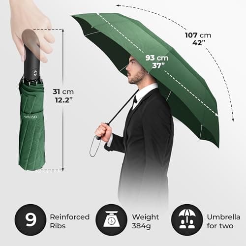 Umbrella Windproof Compact - Strong Storm Proof Frame + Auto Open Close | Women Mens Lightweight Small Travel Folding Golf Brolly + Double Canopy, Ergonomic Handle | Water Resistant Teflon Green — view 5