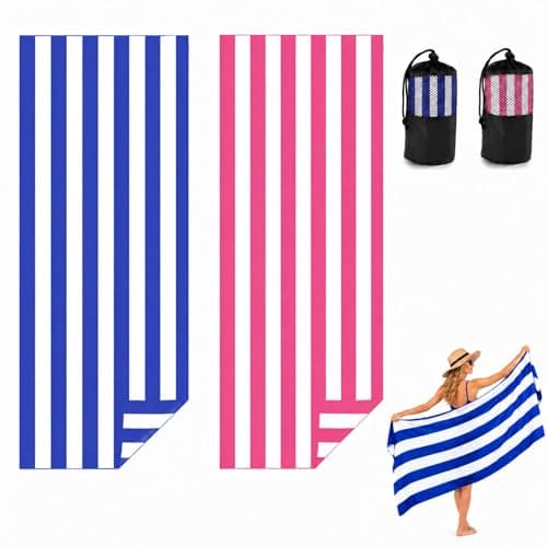 Admygo Microfibre Beach Towels for Adults - 2 Pack 180 x 90 cm Extra Large Beach Towels with Drawstring Bags, Quick Dry Lightweight Sand Free Towel for Swim, Travel, Gym (Stripe Dark Blue & Pink)