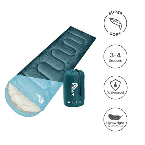 azark Premium Lightweight Sleeping Bag for Adults & Kids, 400 GSM, 4 Season Waterproof Sleeping Bag, Comfortable & Portable, Machine Washable, Camping & Hiking Essential (Light blue/Dark Blue) — view 3