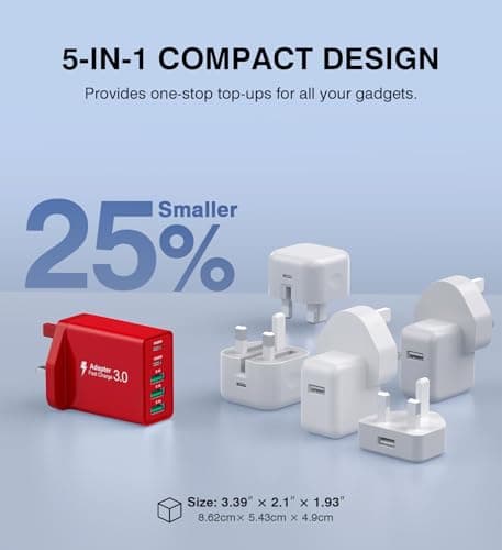 60W USB C Charger Block, 5-Port USB C Plug Fast Charger,2 Ports PD Power Adapter+3 Ports QC Mains Wall Charger,Multiport UK Type C Charging Plug for iPhone 17/16/15/14/13/12 Pro Max,iPad,Samsung-Red — view 5