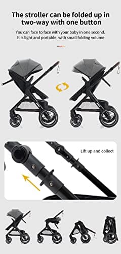 ALYIKOU Prams 3 in 1 Travel System, Pushchair with Height Adjustable Handle, Travel Pram with Mosquito Net, Baby Stroller with Aluminum Frame for Newborn 0-4 Years (X1 Khaki) — view 5