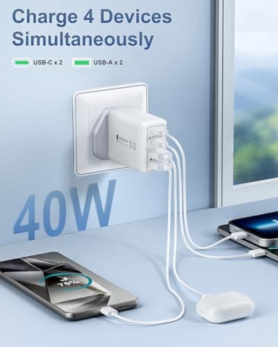 USB C Plug Fast Charge, 40W 4-Port Multi USBC Plugs UK Dual PD Power Adapter +QC Multiport Wall Charger Head Mains Type C Fast Charging Plug for iPhone 17 16 15 14 13 12 11 Pro Max Plus, Samsung, iPad — view 3
