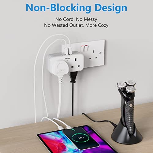 Plug Adapter with 3 USB, Mscien Double Plug Adaptor, Multi Plug Extension, Dual 2 Pin Socket at The Bottom, 13A UK Surge Protected Multiplug Extender, Wall Charger Power Socket for Home Kitchen Office — view 4