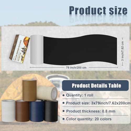 Cahomo Nylon Repair Patch 7.62x200 cm Nylon Repair Tape Self Adhesive Nylon Fabric Tape Outdoor Camping Gear Nylon Repair kit for Tent, Umbrella, Down Jackets, Sleeping Bag, Knapsack （Black） — view 2