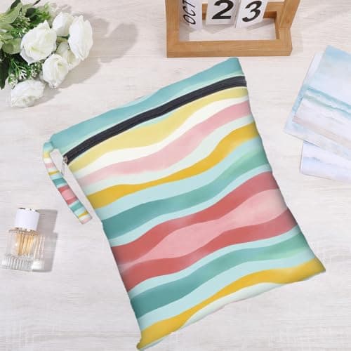 PRESSINART 2Pcs 2 Sizes Wet Dry Bag Rainbow Beach Wet Bags Stripe Pattern Polyester Waterproof Sandproof Reusable Storage Zipper Pouch for Friends Makeup Swimsuit Travel Dirty Diaper Clothes Gifts — view 4