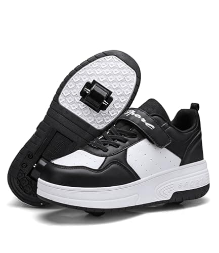 ENEN Kids Roller Skate Shoes for Boys Girls, Skateboarding Shoe Outdoor Parkour Shoes with 2-Wheels Unisex Retractable Skating Shoes for Children's Park Sports Walking Black White