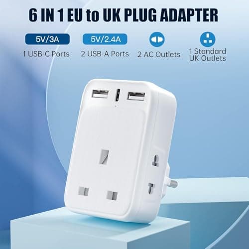 UK to European Plug Adaptor with 3 USB Ports(1 20W USB C Ports) and 2 Shaver Adapter Plug for Universal Shaver/Toothbrush, European Plug Adapter for Germany Spain Greece Iceland Poland etc (Type E/F) — view 2