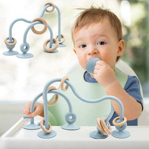 AiTuiTui Baby Toys, Multi Purpose High Chair Suction Toy for Toddler 6 7 8 9 12 Months, Sensory Toys with Wooden Ring Suitable for 1 2 Years Infant Gifts, Blue