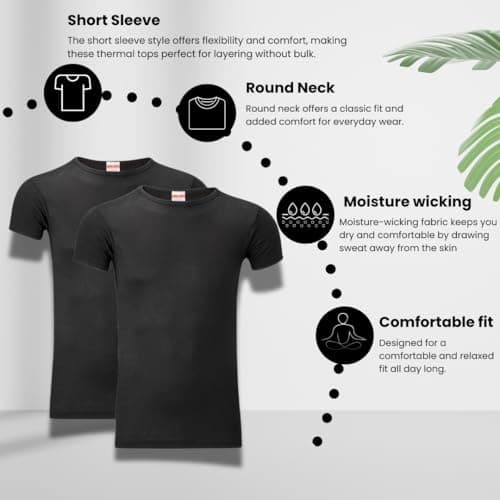 Crazy Fashion Pack of 2 Thermal Tops Men’s - Short Sleeve Plain Round Neck Mens Top Warm T-Shirt Underwear Baselayer Cotton Thermals (Black, XL) — view 3