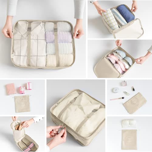 BillyBath Suitcase Organiser Set, Packing Cubes Clothes Bags Shoe Bag Cosmetic Travel Organiser Packing Bags for Suitcases (8 Pieces, Beige) — view 6