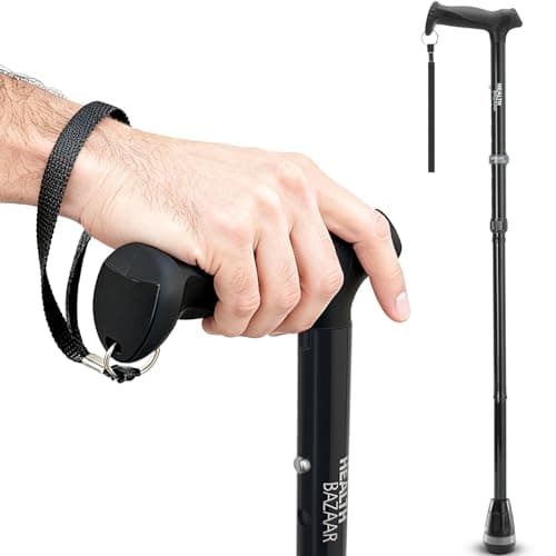 HEALTHBAZAAR All Terrain Walking Stick for Men & Women, Lightweight, Foldable, Adjustable, Shock Absorption, Collapsible Walking Stick for Seniors & Adults | HealthBazaar (Black)
