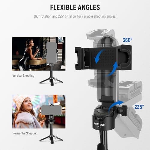 NEEWER Selfie Stick Tripod for iPhone, Lightweight Foldable Mini Travel 360° Desk Stand with Cell Phone Holder Cold Shoe for Video Recording Vlog Streaming, Remote Shutter & Cleaning Cloth, P15 Black — view 4