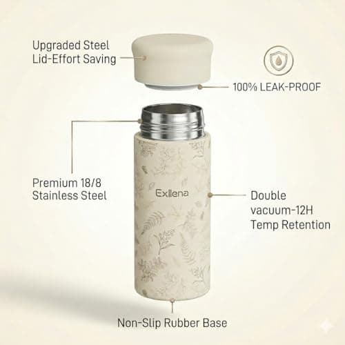 Exllena 250ml Mini Thermal Flask – 100% Leakproof Pocket Travel Mug for Flat White Coffee & Tea – Slim Stainless Steel Small Water Bottle for Handbag, Commute, Milk – BPA Free(Butter Botanical) — view 4