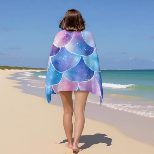 Beach Towel Microfibre Towel 140 x 70 cm Watercolor Mermaid Scales Beach Towel for Travel Purple Printed Swimming Camping Holiday Quick Dry Sand Free Towels — view 3