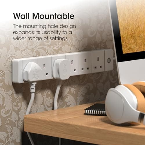 SLx Extension Lead 1m 6 Way Gang Socket 13A UK Plug 3 Pin Mains Power Extension Cord Compact Travel Power Strip White — view 3