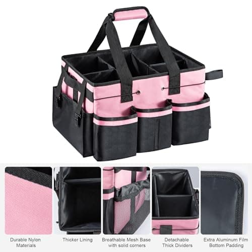 M.J COMFY-LIFE Cleaning Caddy Organizer with Handle, Large Multi-Compartment Cleaning Tote Bag with Removable Dividers, Adjustable Shoulder Strap & Waist Belt for Cleaning Supplies (PINK) — view 2