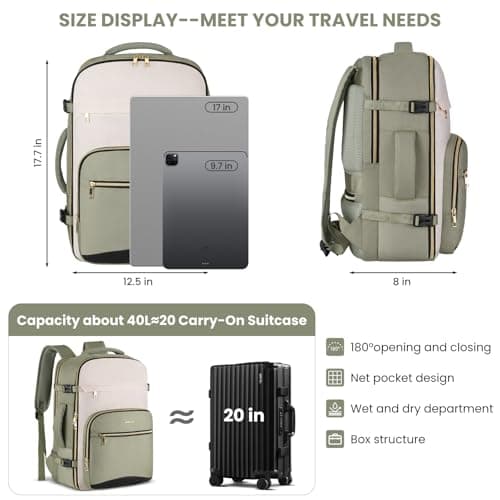Travel Backpack for Women,Carry On Luggage with 4 Packing Cubes, A Green Beige, 40L-Sets — view 4