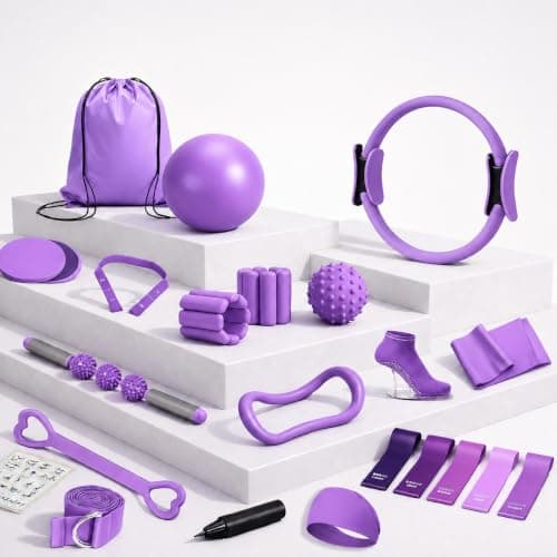 OMELYA Pilates Premium Full Set 23 pcs Pilates Equipment with Wrist Weights Pilates Essential Kit Yoga Kit Pilates Ring Mini Yoga Ball Resistance Bands Core Sliders Gift for Women (Purple)