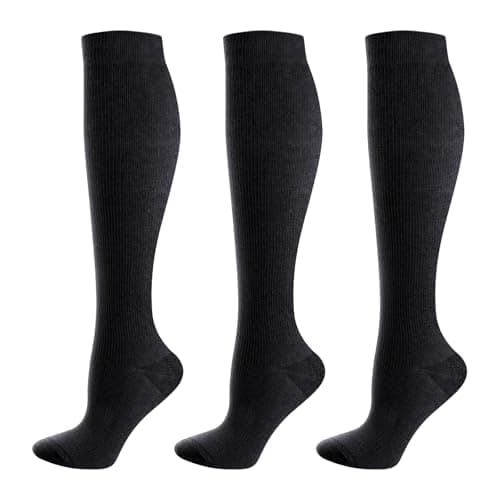 YUEDGE 3 Pairs Compression Socks for Women, Black Travel Flight Socks, Compression Support Stockings for NHS Workers, Pregnancy, Running, Cycling, Activewear, Size 4-7