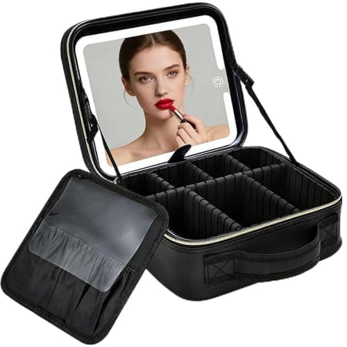 Travel Makeup Bag with LED Mirror, 3 Color Dimmable Light, Waterproof PU Leather Cosmetic Bag with USB Rechargeable & Adjustable Dividers, Makeup Organiser for Women Girls, Black