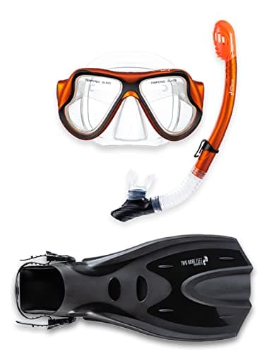 Two Bare Feet X-Dive Silicone Mask Dry Top Snorkel & F70 Fins Complete Diving Snorkel Set (M266S SN134S Orange/Clear, F70 L/XL)