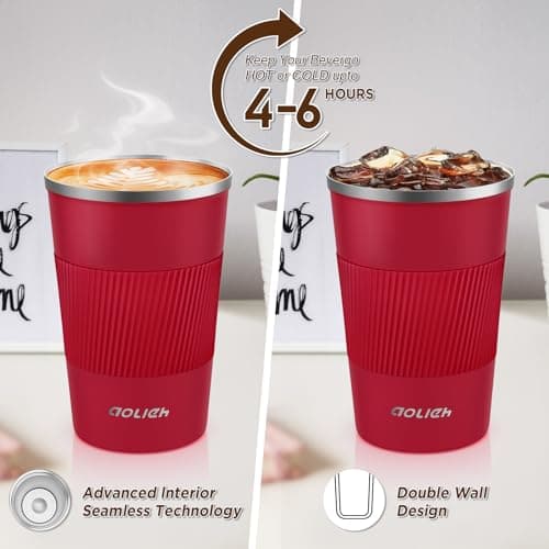 Aolieh Travel Mug 380 ml, Insulated Coffee Cup with Lid, Reusable Stainless Steel Thermal Cup for Coffee, Tea & Cold Drinks, Leak-Resistant Double-Walled Travel Mug, Red — view 5