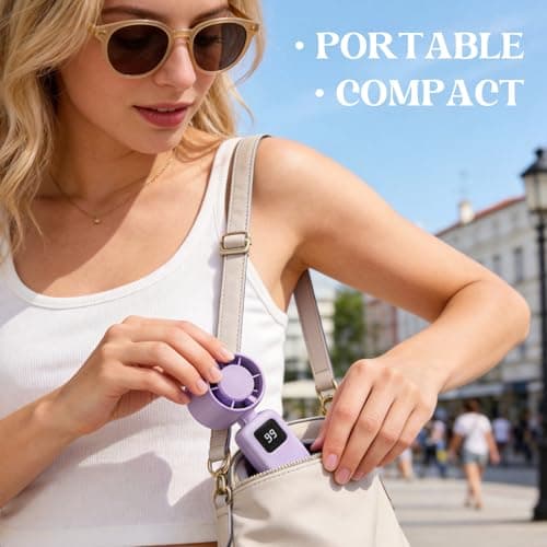 Falafoty Handheld Fan Portable Rechargeable Turbo Fan, 4-in-1 Neck Desk Foldable Hand Fan with Stepless Speed LED Display Personal Pocket USB Small Fan for Home Office Camping Travel Outdoor (Purple) — view 5