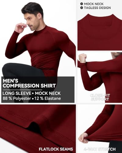 Runhit Burgundy Long Sleeve Compression Top High Neck T Shirts for Men Quick Dry Gym Fitness Workout MMA BJJ Training Base Layer M — view 4