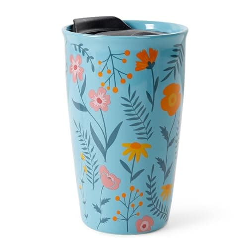 ANTIS'S HOME Ceramic Travel Mug with Lid, Double Wall Coffee Cup with Flower Pattern, Reusable Tumbler for Hot Drinks, Microwave & Dishwasher Safe, Gift for Office, Home & Christmas, Blue