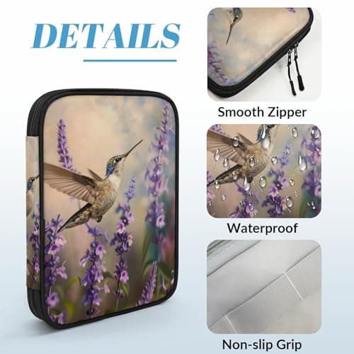Mintoprints Lavender Floral Electronics Travel Organizer Case, Purple Floral Hummingbird Tech Organizer Pouch Cord Storage Bag for Phone, Cable, Charger, Accessories — view 5