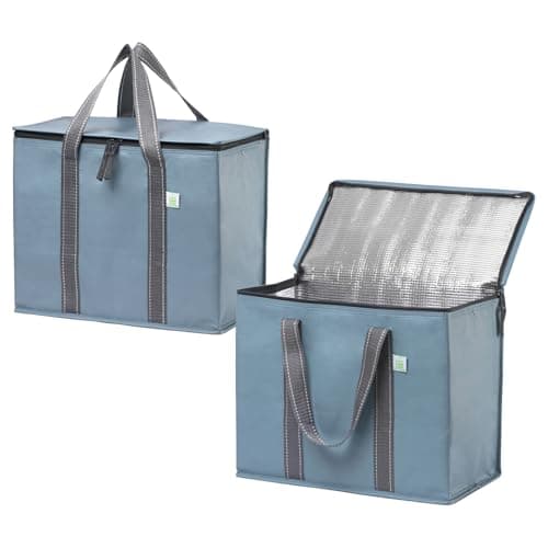 VENO 2 Pack Cooler Bag and Insulated Grocery Bags for Food Delivery, Collapsible Cooler. Reusable Shopping Bags for Groceries with Hard Bottom, Zippered, Foldable, Heavy-Duty (Light Blue, 2 Pack)