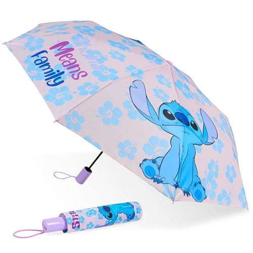 Disney Automatic Umbrella for Adults Teens Kids - Folding Telescopic Umbrella Lightweight Travel School Work - Stitch Gifts (Purple Stitch)