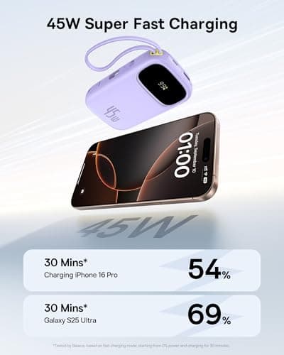 Baseus Powerbank 20000 mAh 45 W with Integrated USB-C Cable, QPow3 Power Bank PD3.0 QC4.0 External Mobile Phone Batteries, 3 usb-C, 1 usb-A, Portable Charger for iPhone 16/15/14 Pro Max, iPad, Galaxy — view 2