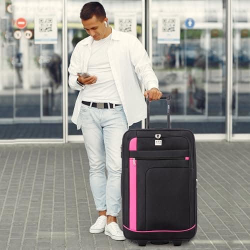 ATX Luggage Medium Suitcase Expandable Soft Shell Durable Lightweight Hold Check in Trolley Case with 2 Wheels & Built-in 3 Digit Combination Lock (Black/Pink, 79 Liter) — view 6