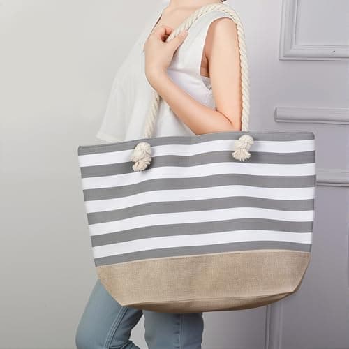 ViEinkaufen Waterproof Beach Bag, Grey Beach Bags for Women with Zipper — view 6