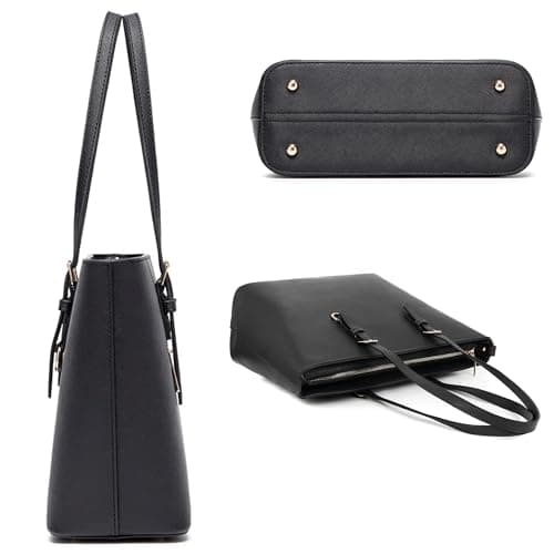 AOSSTA Women's Large Faux Leather Shoulder Tote Bag with Zip (BLACK) — view 5