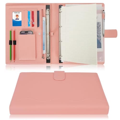 Wonderpool A4 PU Leather 4 Ring Holder Writing Portfolio Multi Document Case with Removable Binder Clipboard and Functional Pocket for Organizer Office Travel School (Pink)