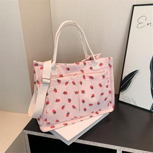 OrcoW Women's Canvas Tote Bags Strawberry Handbag with Removable Strap Large Crossbody Shoulder Laptop Purses Tote Bag Large Corduroy Canvas Cross body Bag for School Shopping Work Travel Gym — view 3