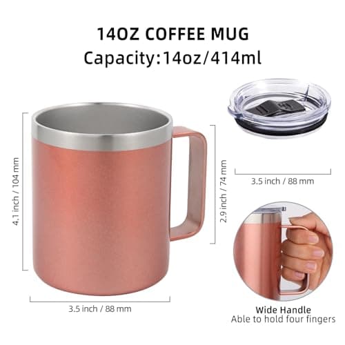 Volhoply 14oz Insulated Stainless Steel Coffee Mug with Leakproof Lid,Double Wall Vacuum Travel Coffee Cup with Handle,Reusable Metal Tumbler,Camping Mugs Keep Hot,Christmas Gifts(Rose Gold,1) — view 2