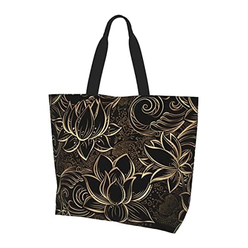AABSTBFM Boho Gold Lotus Flowers Printed Shopping Bags For Women Ladies Girls - Large Reusable Waterproof Shoulder Tote Bag, Grocery Bags, Shopper Handbag, And Beach Bag