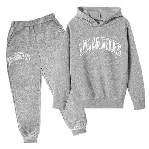 SoLu DAY8 Boys Tracksuit Set Age 3-14 Years Los Angeles Winter Long Sleeve Hoodie Pullover Sweatshirt and Pants Clothing Sets Child Kids Teens 2 Piece Fall Casual Running Jogging (Grey, 13-14Years)