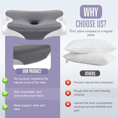 TsunNee 60D Memory Foam Pillow, Orthopedic Ergonomic Pillow for Neck and Shoulder Pain, Cervical Neck Support for Side Back Stomach Sleepers — view 4