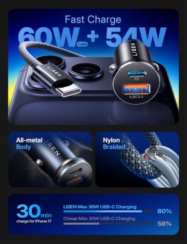LISEN 54W Mini Car Phone Charger USB C Fast Charge PD/PPS/QC3.0 12V Adapter — view 2